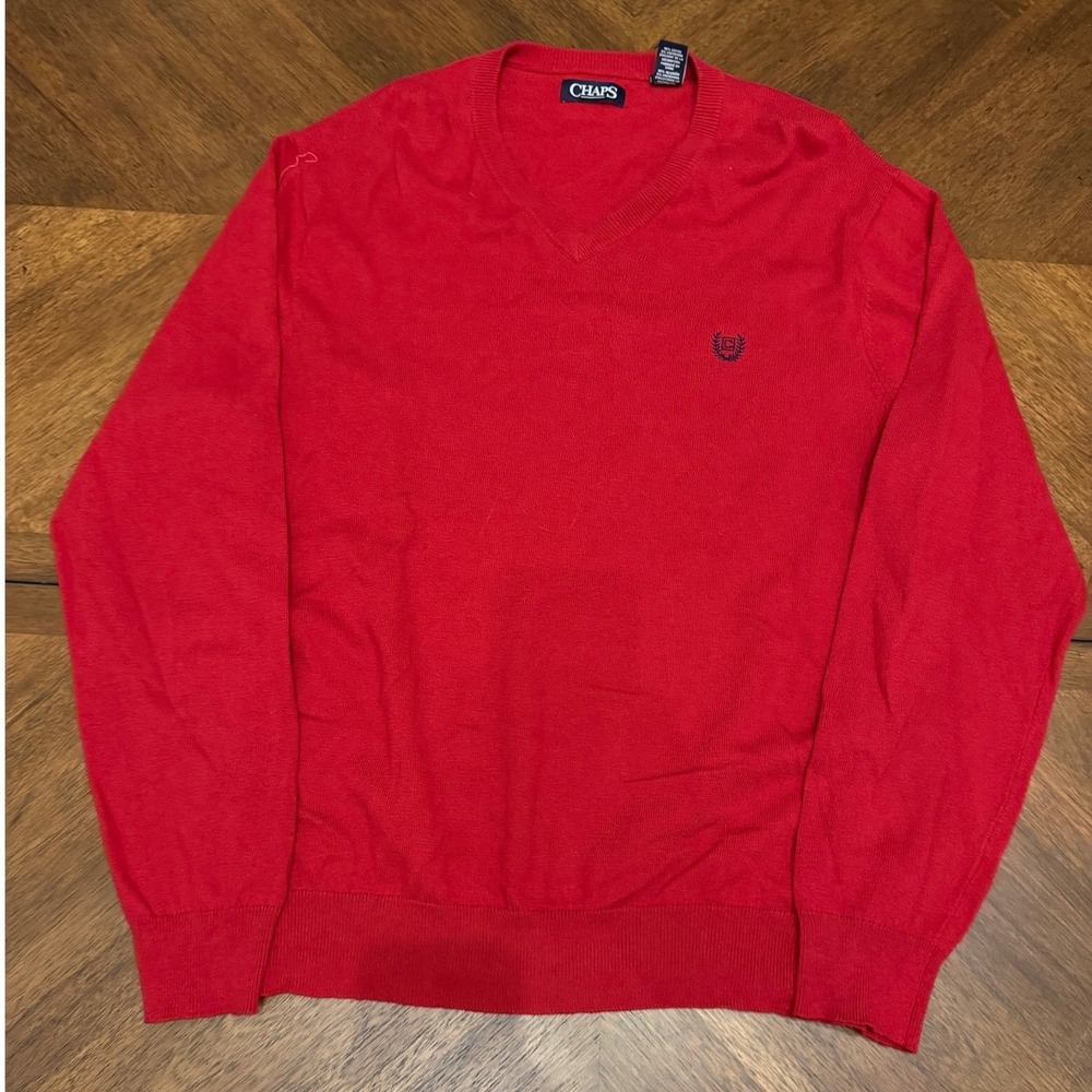 Chaps Mens V-Neck Sweater Red Cotton Cashmere Blend Long Sleeve Large